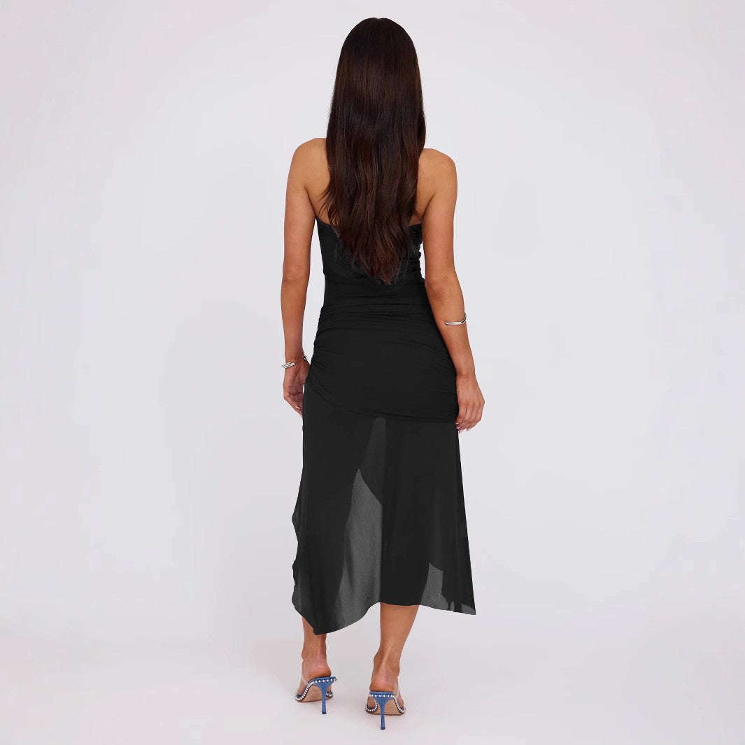 Women Clothing Summer Wind Sexy Tube Top Backless Slim Fitting Patchwork Mesh Irregular Asymmetric Dress Bella Mia
